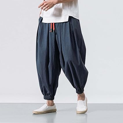 Stile Etnico Casual Pantaloni Harem Uomo In Lino Larghi E Comodi