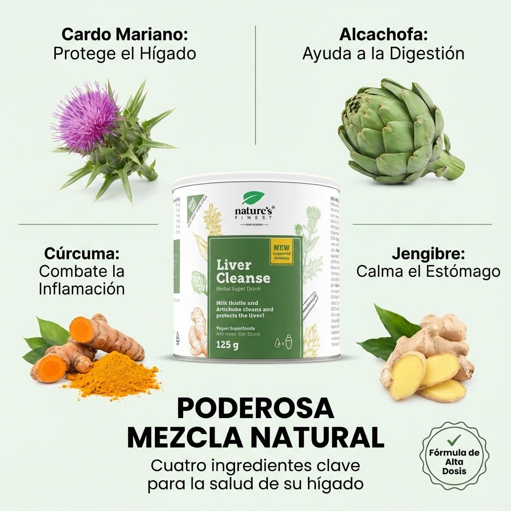 Nature’s Finest Liver Cleanse Detox - Mezcla en Polvo con Cardo Mariano, Alcachofa y Cúrcuma - Fórmula Concentrada para el Bienestar Hepático y Digestivo - 125 g (25 Dosis)