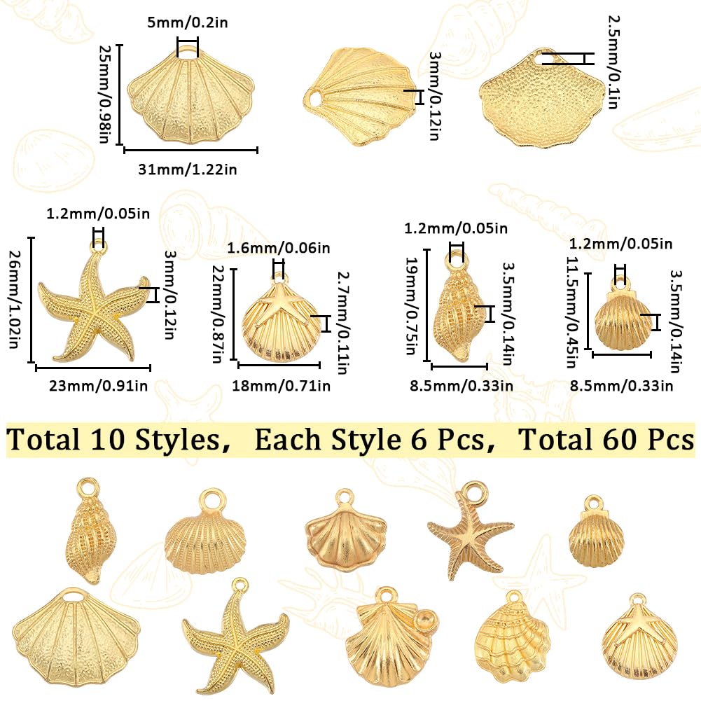SUNNYCLUE 1 Box of 60 Seashell Charms, 10 Styles Gold Starfish Shape Alloy Summer Conch Theme Ocean Life Sea Animal Beach Charms - Image 2