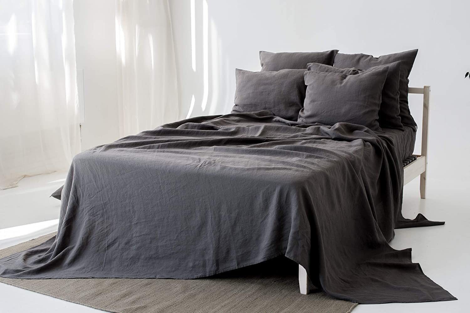 My Linen Home Lenzuolo Sopra Lino Lavato (100% Stonewashed) in Grigio scuro, 230x270 cm I Ipoallergenico, termoregolatore e traspirante I Delicato e morbido anche per la pelle più sensibile