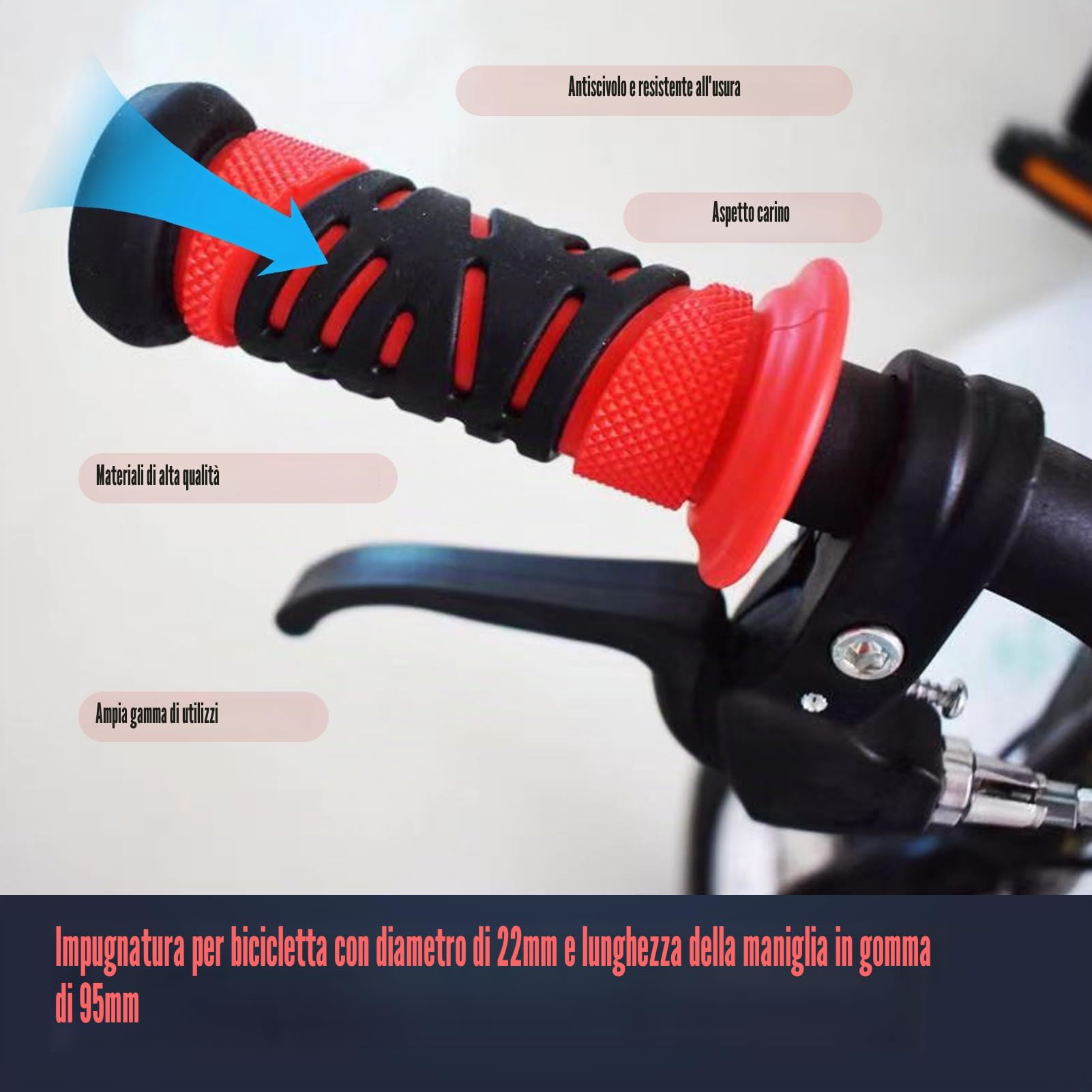 Coppia di manopole bici bambino, manopole bici bambini,Manopole Manubrio in Gomma Morbida 95mm,Diametro 22mm,Sicurezza con Protezione Antiurto per Biciclette,Tricicli, Scooter
