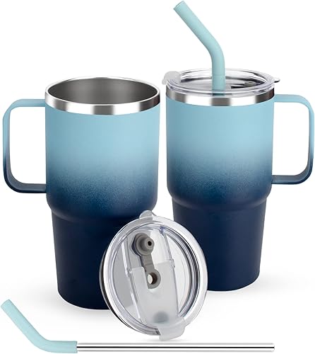 Sursip Vaso aislado de 24 onzas con asa, vaso de acero inoxidable al vacío de doble pared con popote y 2 tapas, para bebidas fríascalientes, taza de