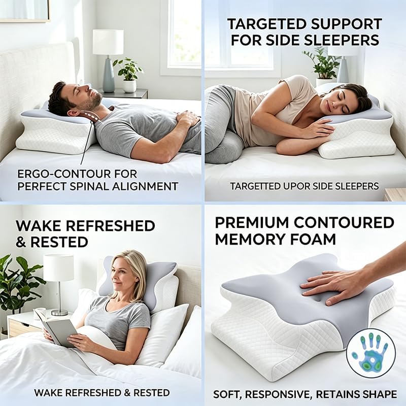 Cooling Neck Support Pillow, Adjustable Cervical Memory Foam for Pain Relief, Odorless Ergonomic Orthopedic Bed Pillows for Side Back Stomach Sleepers, Cozy Sleeping (Grey)