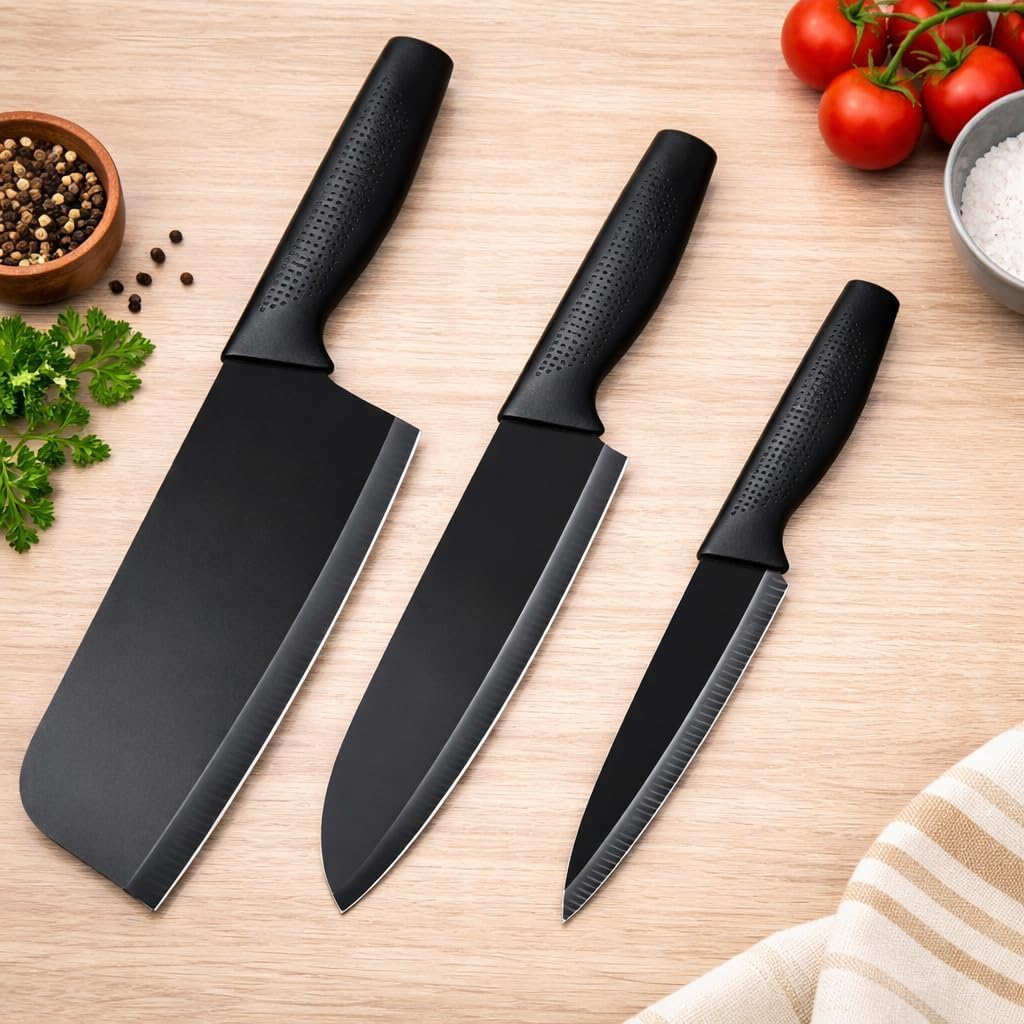 - Kitchen Knife Set with Patterned Blades, 3-Piece Knife Set for Food Cutting, Textured Handle Design (Black)