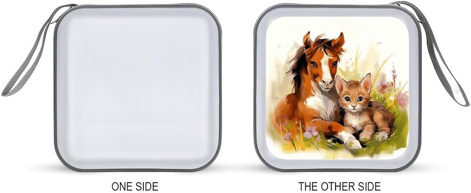 Cute Horse And Cat CD Case 40 Capacity DVD Case Hard Plastic Disc Booklet VCD Storage Box Portable Zipper DVD Holder Large Media Binder for Car Home Office Travel