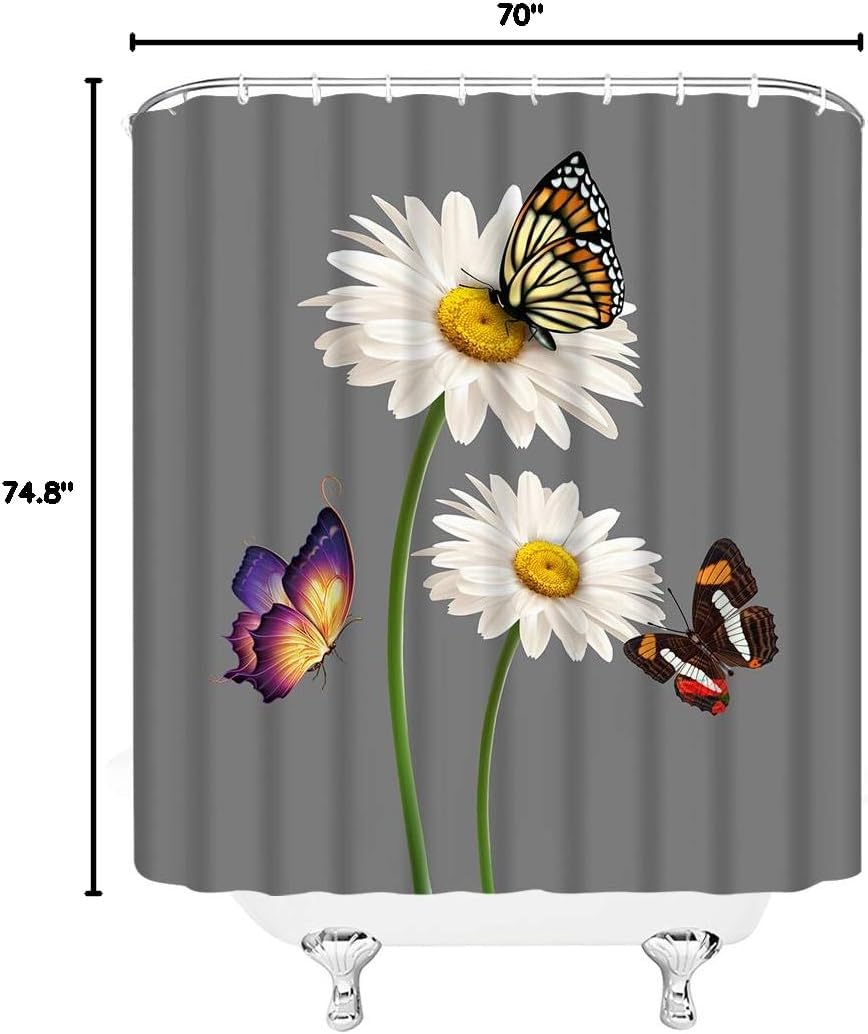 Rustic Daisy Shower Curtain Farmhouse White Daisy Flower Butterfly Gray Background Farm Spring Flower Nature Botanical Retro Countryside Bathroom Decor Fabric Curtain with Hooks