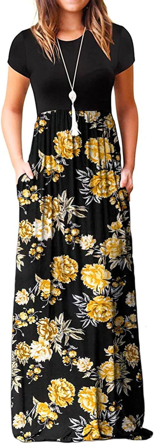 EUOVMYWomen's Short Sleeve Loose Plain Maxi Dresses Casual Vacation Long Dresses with Pockets