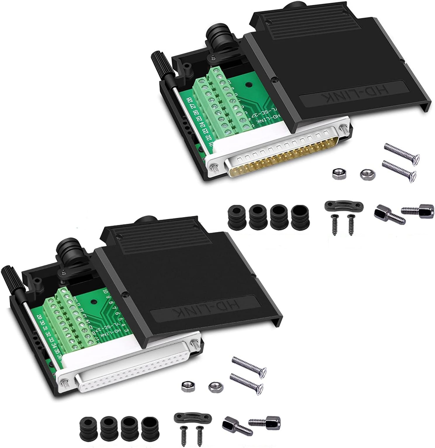 Thinner DB37 Solderless RS232 D-SUB Serial to 37-pin Port Terminal Adapter Connector Breakout Board with Case Long Bolts Tail Pipe (Male + Female)