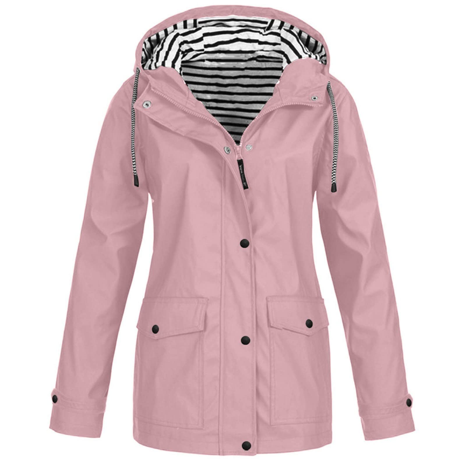 Womens Rain Jacket Hooded Solid Color Lightweight Waterproof Plus