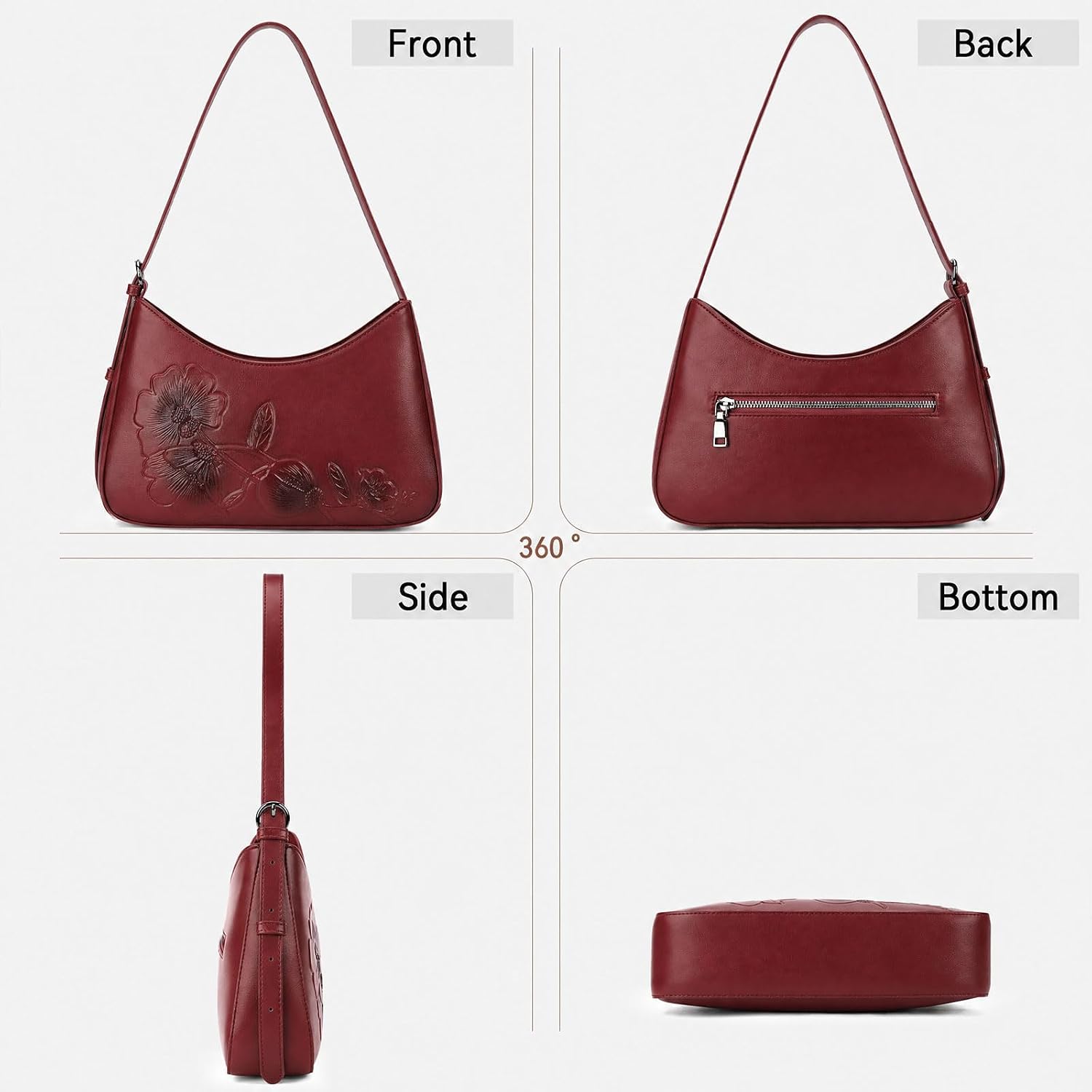 BELTAN Shoulder Bag for Women Floral Embossed Vegan Leather Small Purse Crescent Underarm Hobo Handbag with Adjustable Strap