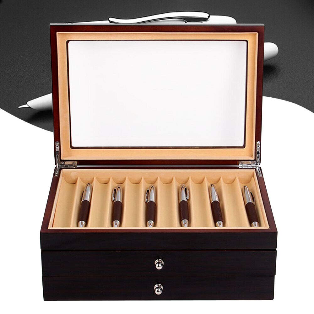 Stiftebox Holz für 34 Füller Stifte Kugelschreiber Federhalter Display Box Organizer Box mit Glasfenster Drei Ebene Vitrine mit Schubladen