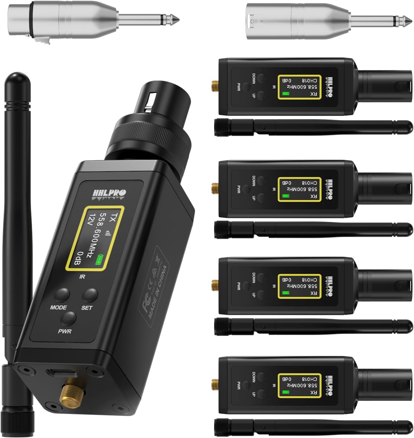 UHF Wireless XLR 1 Transmitter and 4 Receivers with Dual Antennas, 470ft Range, Auto Channel Scanning, Plug-on Wireless Mic Adapter for Audio Mixer, Sound Field Test, Acoustic Measurement