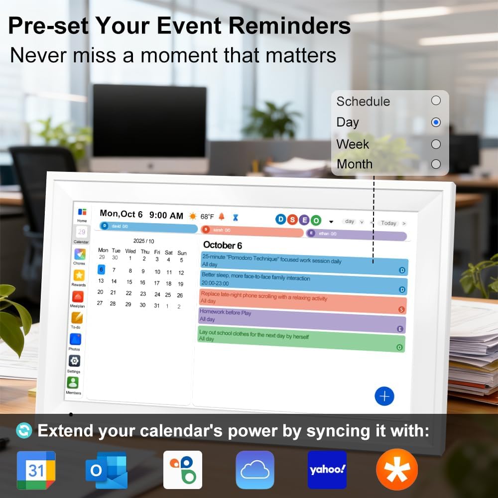 Digital Calendar Planner Interactive Touchscreen Chore Chart Smart Schedule Meal Plan Family Photo Display Sync Calendar Wall & Desk Mountable (15.6 inch)