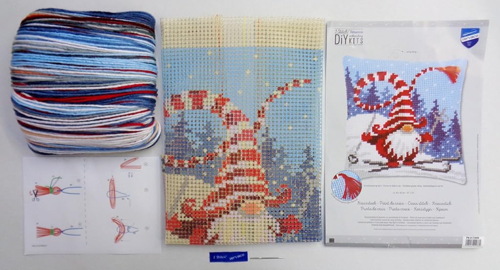 VERVACO Punto De Cruz Kit Cojin Decorativo DUENDE DE NAVIDAD EN ESQUÍ Manualidades Adultos Decoracion Bordar Kit Principiantes Completo DIY Bordado Creativo Regalo ca. 40x40 cm Cross Stitch