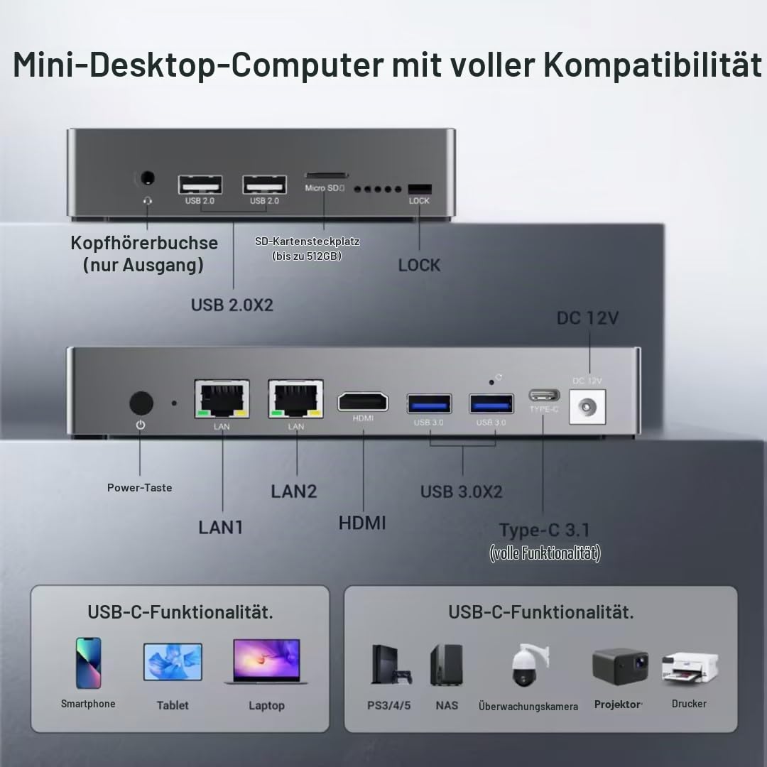 Mini Computer PC Mini PC Desktop Celeron N95, 16GB RAM 256GB eMMC, Win 11 Pro Mini-pc mit 7 Zoll Touchscreen HD 1280x800, Dualer 4K Display Ausgang, HDMI, USB-C, Wifi5,0, Duales LAN