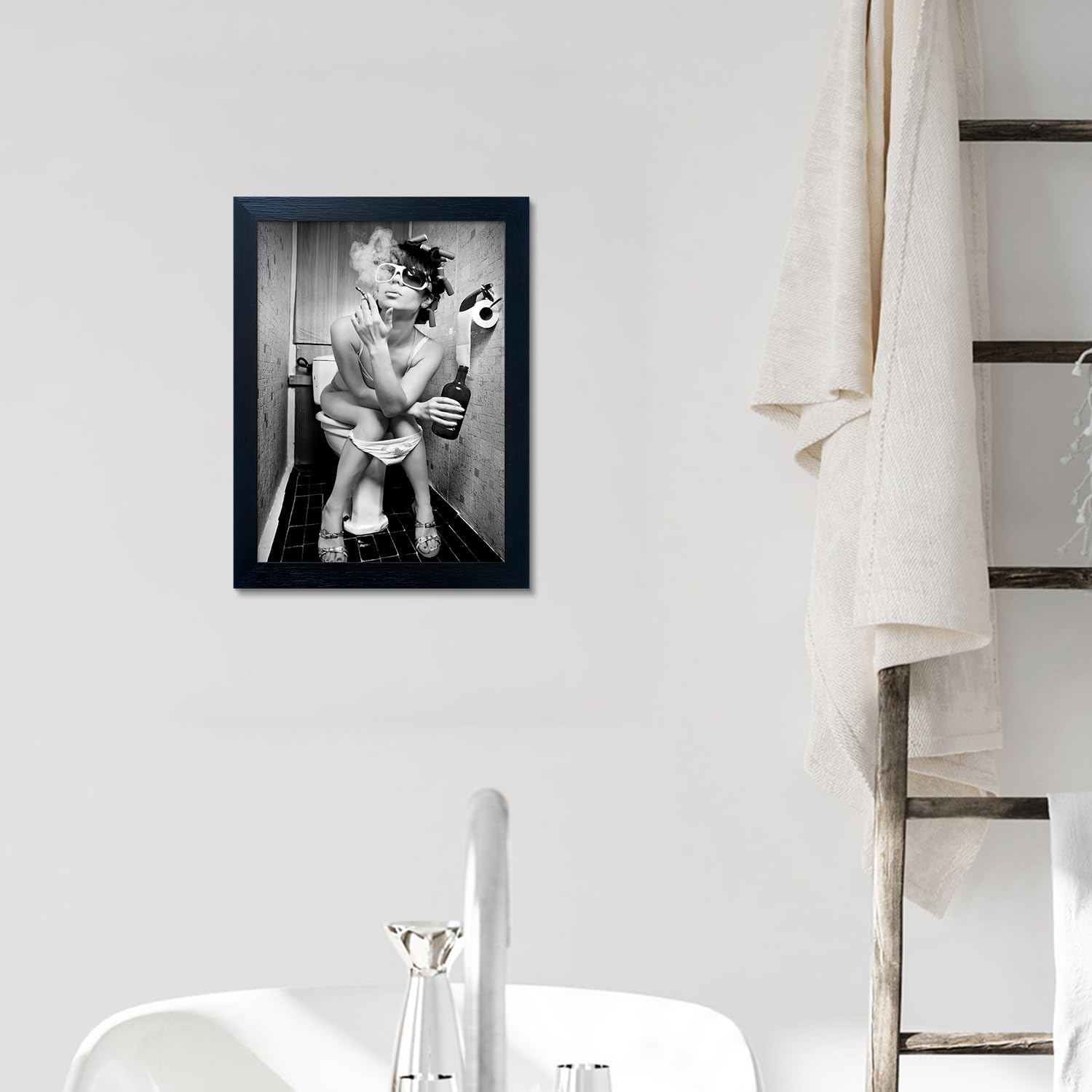 Black and White Bathroom Wall Art, Funny Bathroom Picture Wall Decor, Woman Smoking on the Toilet Wall Art, Girls Restroom Decor, Black Framed Canvas Print Artwork
