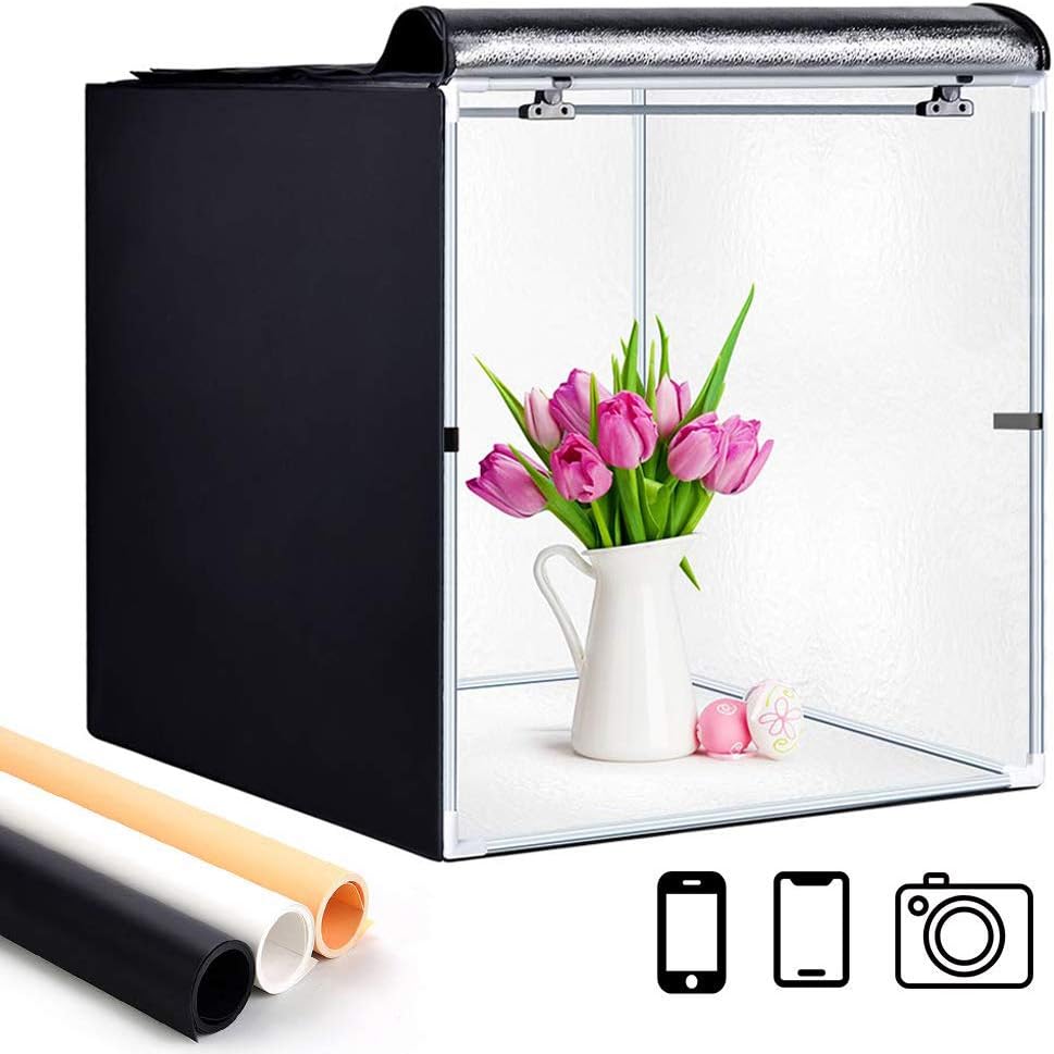 Photo Box, GLZ Photo Studio Light Box Portable Foldable 24 x 24 Inch Photography Shooting Tent Kit with Dimmable and Movable LED Lights,Carry Bag and 3 Color Backdrops (White Black Gold)