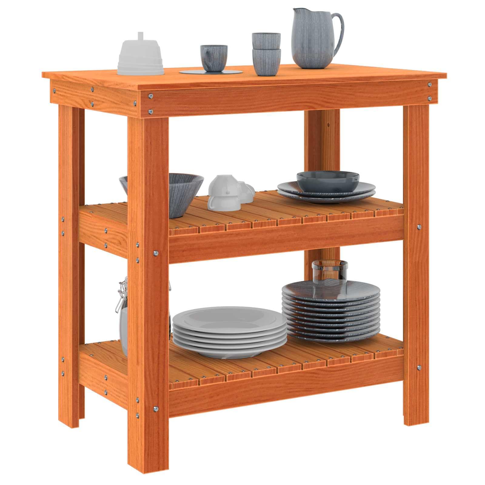 Banco da lavoro marrone cerato in legno di pino massiccio, 78,5 x 50 x 80 cm, con 2 ripiani, tavolo da lavoro ideale per officina, garage, hobby e bricolage, piano di lavoro robusto