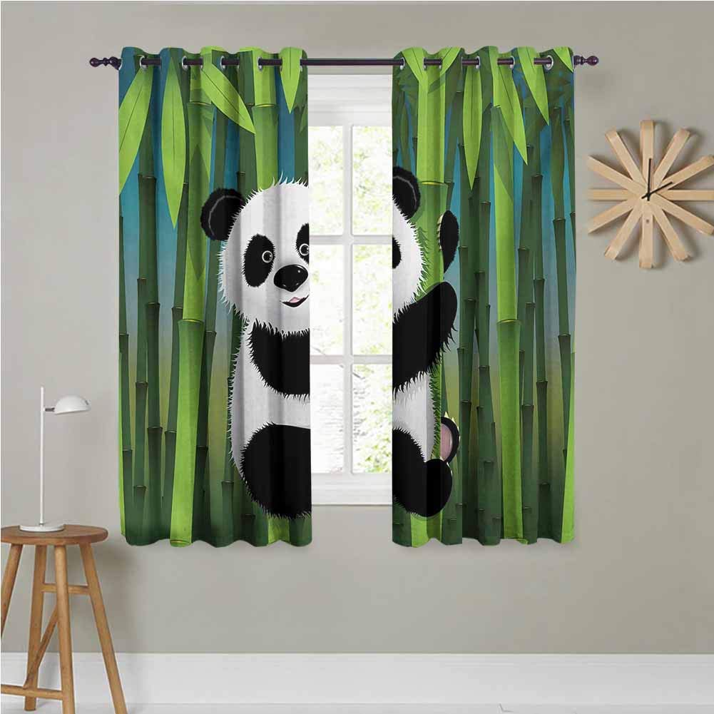 Cartoon Blackout Curtains Curious Baby Panda on Stem of the Bamboo Bear Jungle Wood Illustration Insulated with Grommet Curtains for Bedroom 84x84 INCH Fern Green Black White