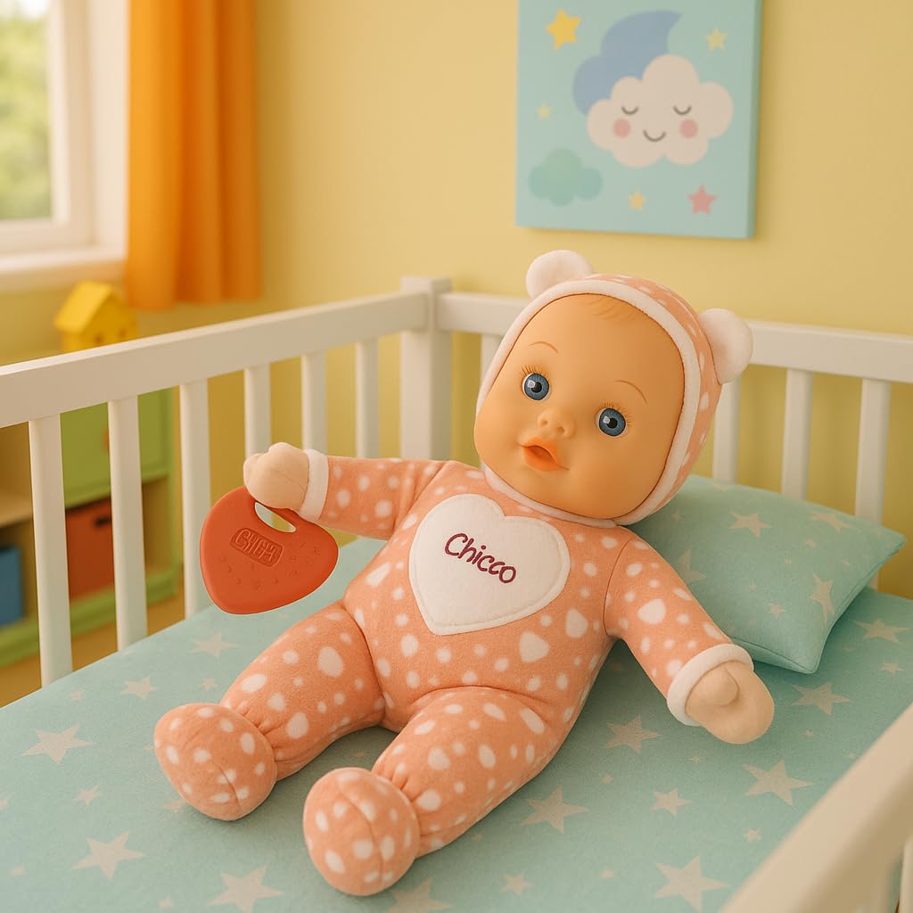 Chicco Gioco La Mia Prima Bambola, dolce bambola con cuoricini, con morbido cuore Massaggiagengive per la Dentizione, soffice e leggera, Lavabile in Lavatrice, 0 mesi+