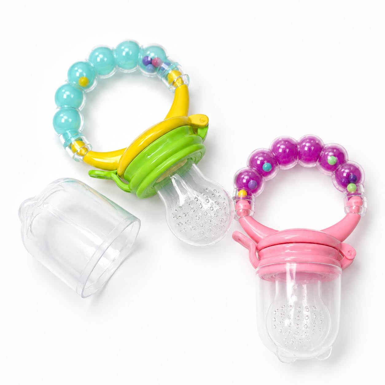 Baby Fruit Nibbler Feeder with Rattle Handle, Silicone Juicer Food Pouch for 6 to 12 Months, Teether for Baby 3 to 6 Months, Self Feeding Essential with Protective Cap, Pack of 2-image-38