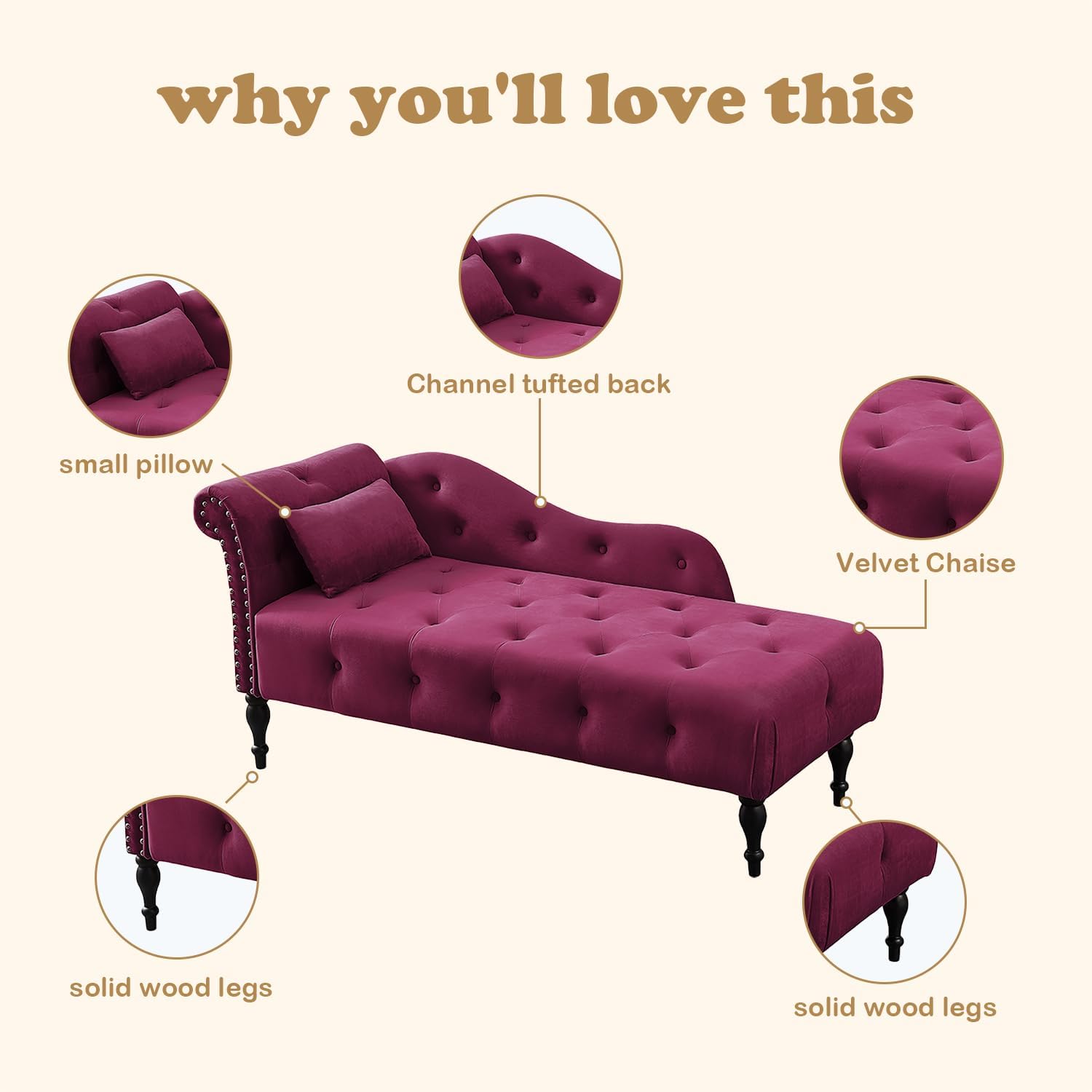 Tufted Upholstered Velvet Rolled Arm Chaise Lounges Indoor Chair, Right Arm Facing Chaise Lounge with Nailhead Trim and 1 Pillow,for Living Room Bedroom Office (Burgundy)