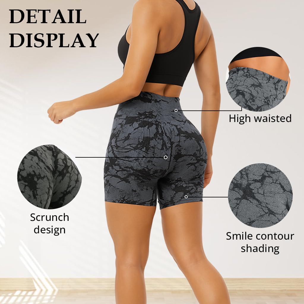 Fshway Butt Lifting Workout Shorts for Women Athletic Yoga Skin Fit Tights Running Shorts Tie Dye Scrunch Biker Shorts | High Waisted Activewear Shorts for Yoga Cycling (in, Alpha, L, Regular, Grey) 3