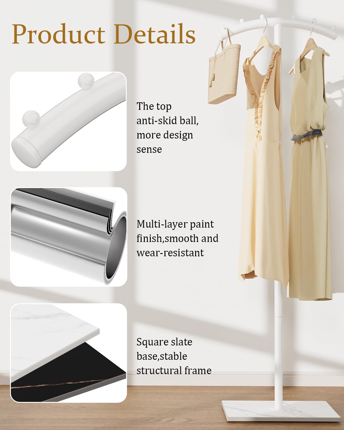 T-förmige Metall Kleiderbügel, Garderobenständer mit Rock Slab Base, Modern Gekrümmte Freistehend Kleiderständer, für Kleidung, Taschen and Schuh, 175 cm, Weiß
