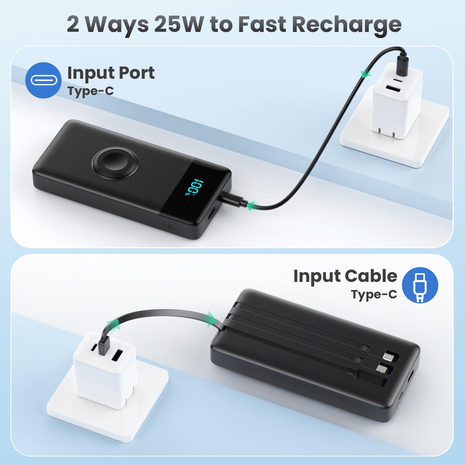 Power Bank 10800mAh con 3 Cavi Integrati & Caricatore per Apple Watch, 6-in-1 Caricatore Portatile 25W PD+QC4.0 Ricarica Rapida USB-C Batteria Esterna con Display LED per i-Watch/iPhone/Samsung etc.