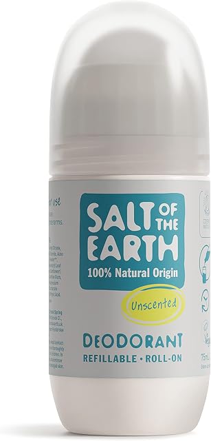 Salt Of the Earth Refillable Natural Deodorant Roll On Unscented - Effective Protection, 100% Natural, Eco friendly, Vegan, Suitable for Women, Men & Kids - 75ml