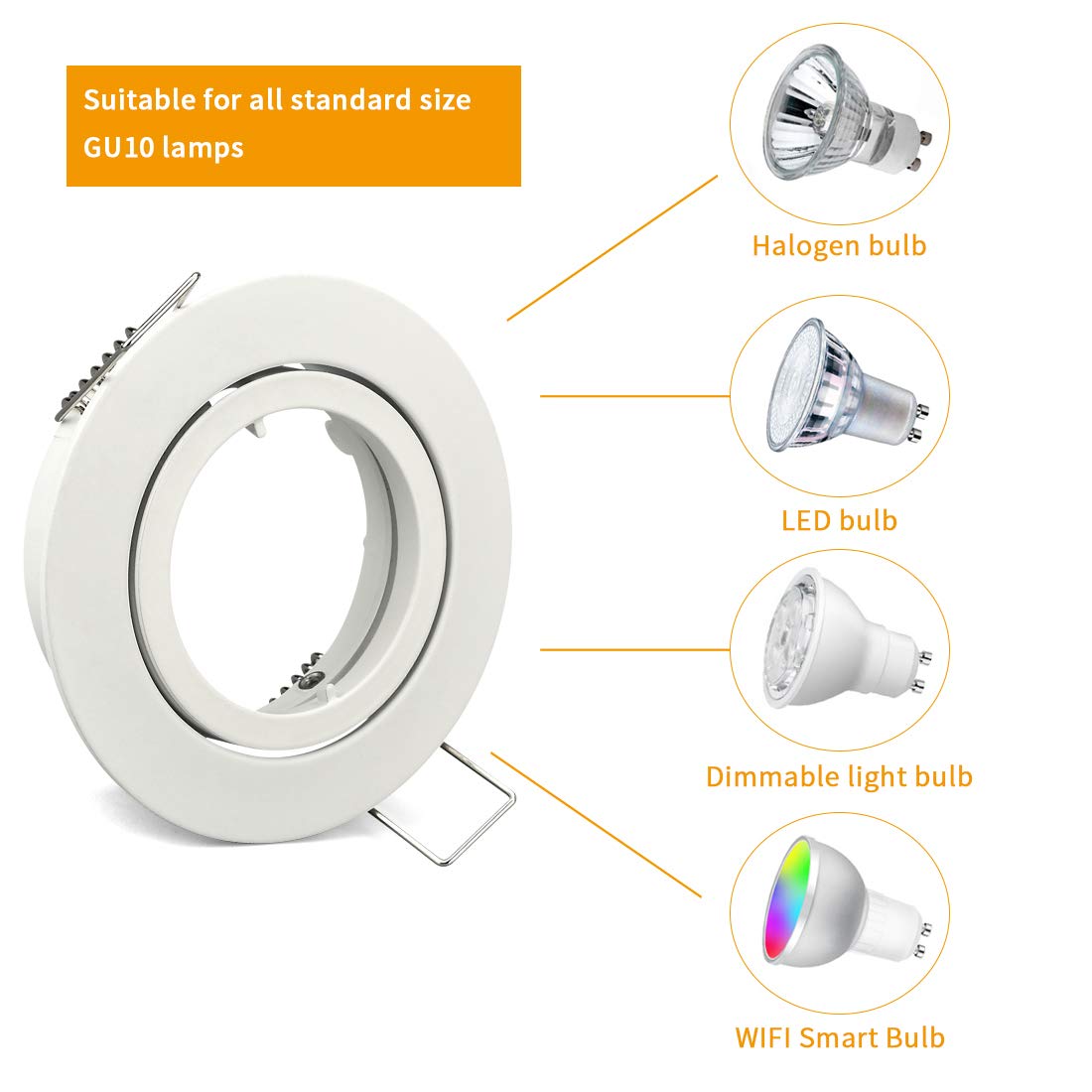 KYOTECH 10x inbouwspots GU10 set - inbouwframes in wit staal incl. GU10 fitting voor LED of halogeenlampen, rond