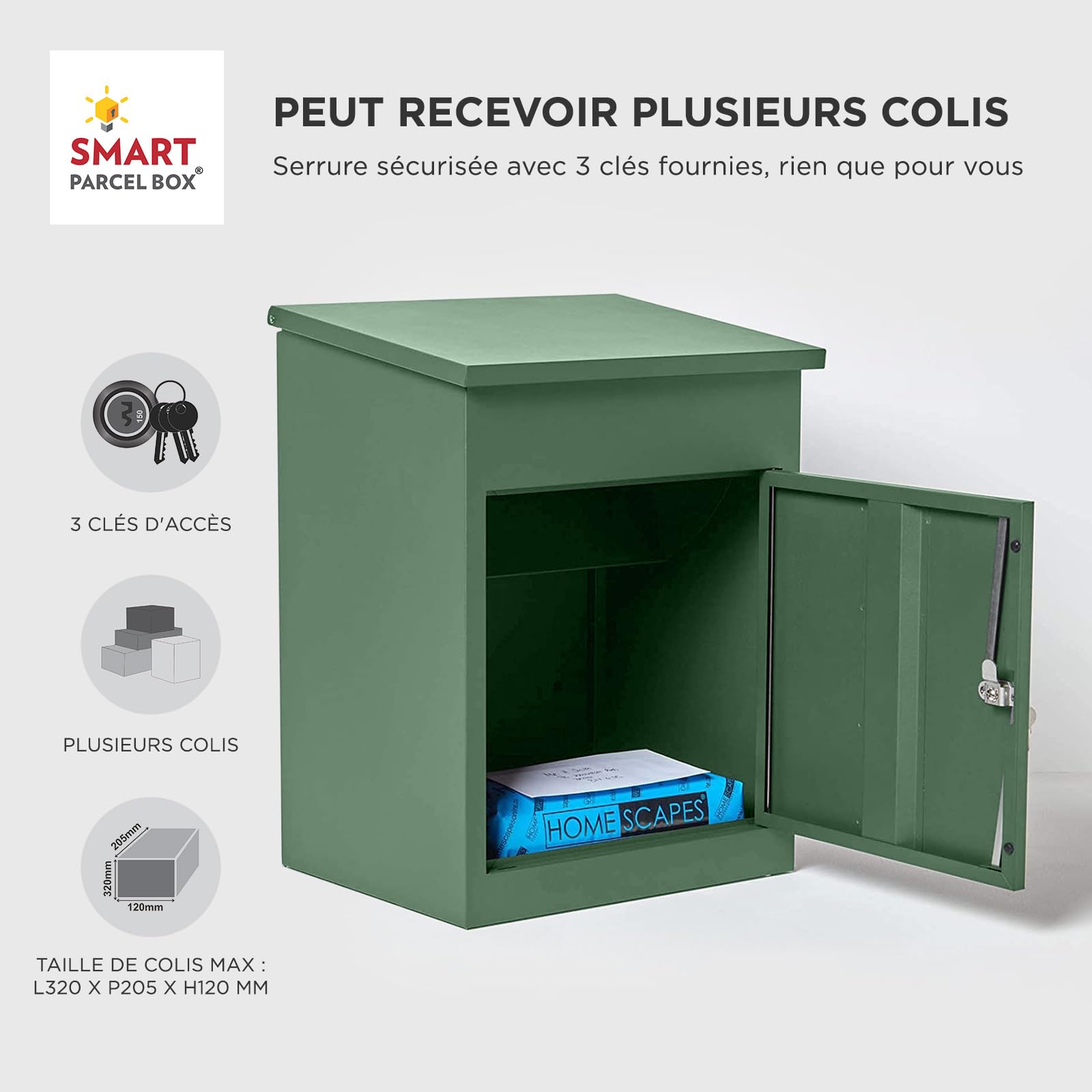 SMART PARCEL BOX Boite aux Lettres Colis, Fixation Murale, Individuelle, Acier galvanisé, 3 clés, Vert, 44 x 35 x 58 cm