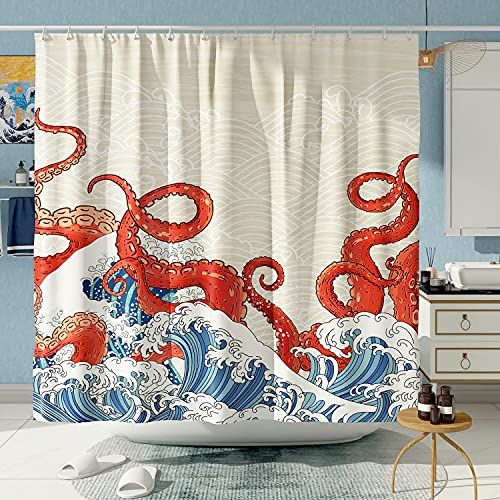 DESIHOM Kraken Shower Curtain Japanese Shower Curtain Octopus Shower Curtain Asian Art Shower Curtain Anime Shower Curtain Polyester 72x72 Inch