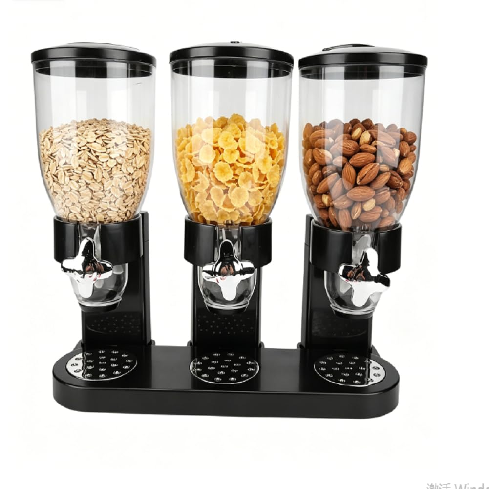 Dispensador de cereales, dispensador triple de alimentos, contenedor de almacenamiento compacto multifuncional para encimera para despensa de cocina casera, dispensador giratorio (Negra)