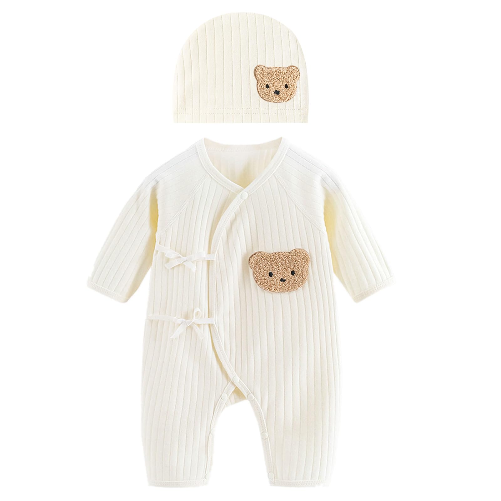 LIANXUE Baby Cotton Jumpsuit & Hat Long Sleeve Romper Infant Coveralls Spring Bodysuit Cartoon Bear Breathable Outfit
