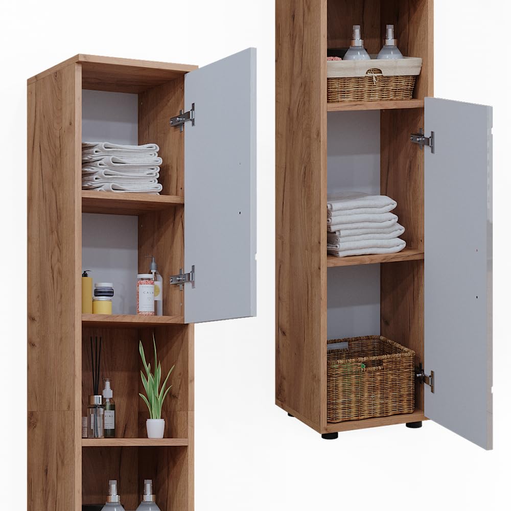 Vicco Badschrank Irma, Weiß Hochglanz/Goldkraft Eiche, 30 x 192 cm mit Türen, und offenen Fächern, zur Aufbewahrung von Badutensilien und kompatibel mit Irma-Serie