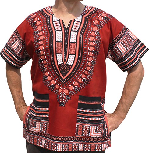 RaanPahMuang Unisex African Bright Dashiki Cotton Shirt Variety Colors, X-Small, Brick Red