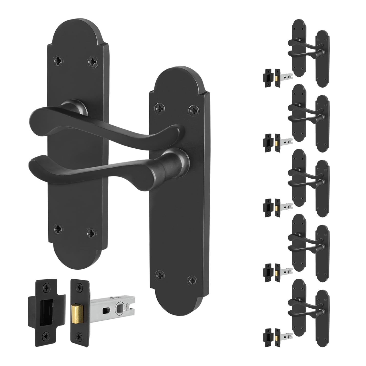 EAI Black Door Handles with Latch, 6 Pairs Internal Matt Black Victorian Scroll Shaped Backplate, Latch 64mm