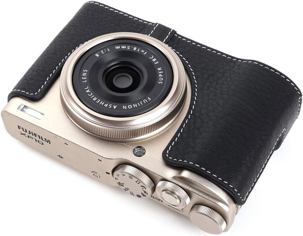 XF10 Camera Case, BolinUS Handmade Genuine Real Leather Half Camera Case Bag Cover for Fujifilm Fuji XF10 Camera Bottom Opening Version + Hand Strap -Black