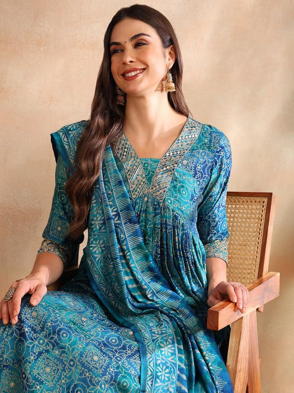 Image of Vaamsi Women's Silk Blend Ethnic Motifs Printed Anarkali Kurta Pant With Dupatta
