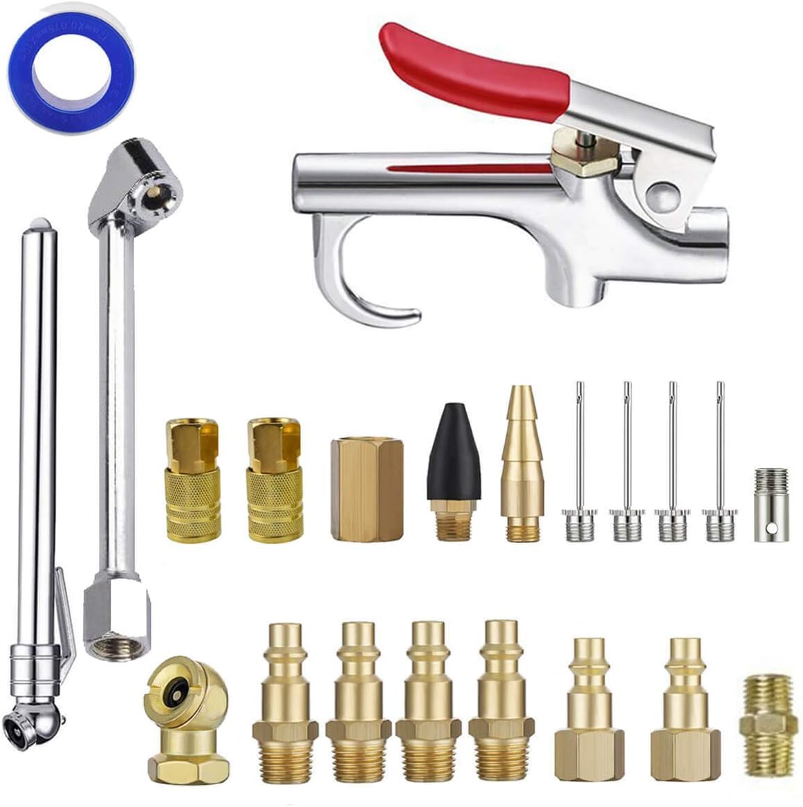 PalaQi Air Compressor Accessory Kit, 22 piece with 1/4" NPT Air Tool Kit, Air Blow Gun, Quick Connect Coupler and Plug, Tire Gauge, Inflation Needle, Nozzle Tips, Safty Adapter, Air Hose Fittings