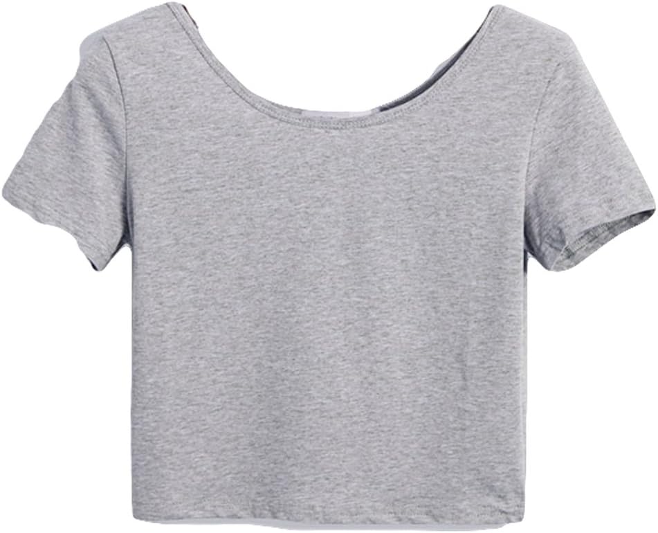Goldensat Women's U-neck Crop Tops Short Sleeve Stretchy T Shirt Tee M Gray