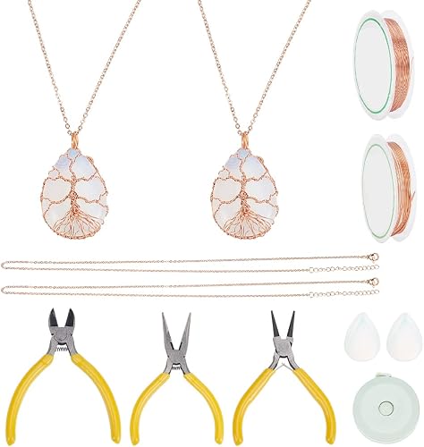 WEBEEDY Wire Wrapping Jewelry Making Kit,DIY 2 Wire Wrapped Tree of Life Chakra Pendant,Drop Shape Necklaces Making Kit Crystal Stone Necklace for Jewelry Making Christmas Valentine's Day Unique Gift