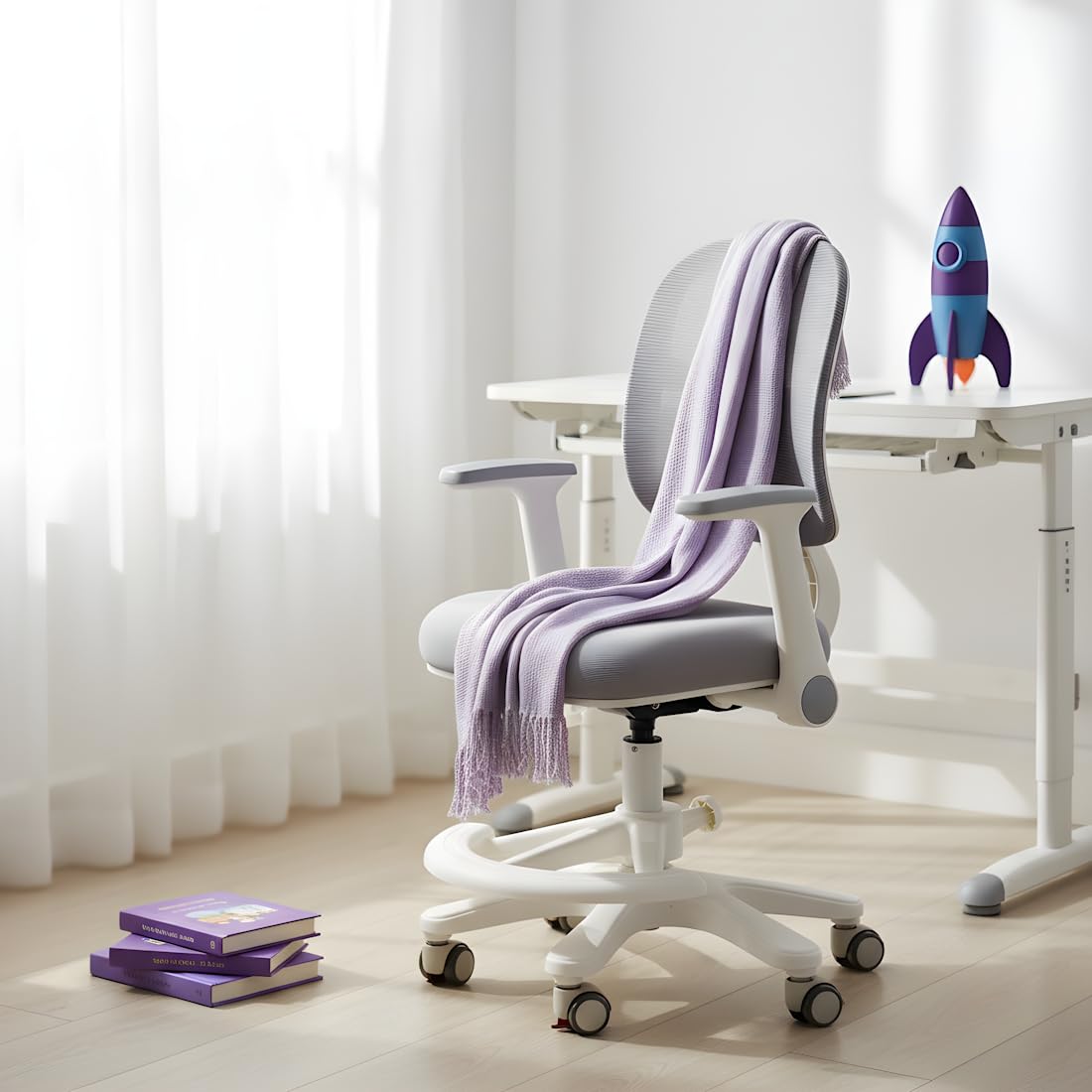 Spacetronik Schreibtischstuhl Kinder - Ergonomischer Kinderschreibtischstuhl mit 6 Rollen, Verstellbaren Armlehnen, Fußstütze, Höhenverstellbarem Sitz - 4-15 Jahre