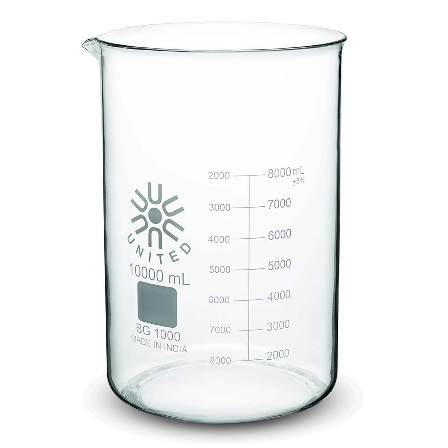 United Scientific™ (10,000mL) 10 Liter Beaker - Low Form Griffin, Double Scale Graduation, 3.3 Borosilicate Glass Beaker with Pour Spout, Beaded Rim and Autoclavable, 1 Each