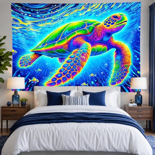 Image of BlissYard Blacklight Tapestry 78x59 Inch Sea Turtle Glow in the Dark Trippy Ocean Wall Art UV Reactive Neon Psychedelic Turtle Tapestry for Bedroom Dorm Party Wall Hanging Decor