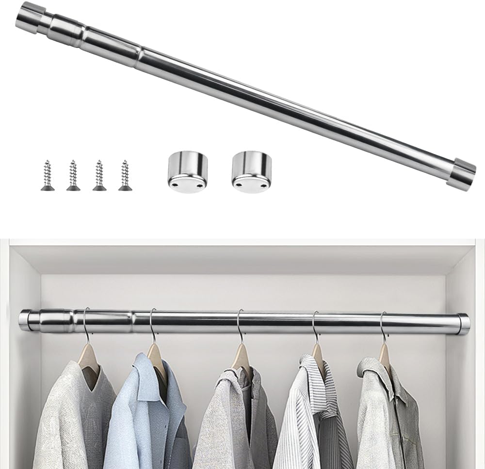 25mm Extendable Wardrobe Rod Stainless Steel Wardrobe Rail Tube Clothes Hanging Pole Heavy Duty Round Extensible Closet Bar with End Sockets for Wardrobe Cabinet Cupboard (58cm to 100cm)