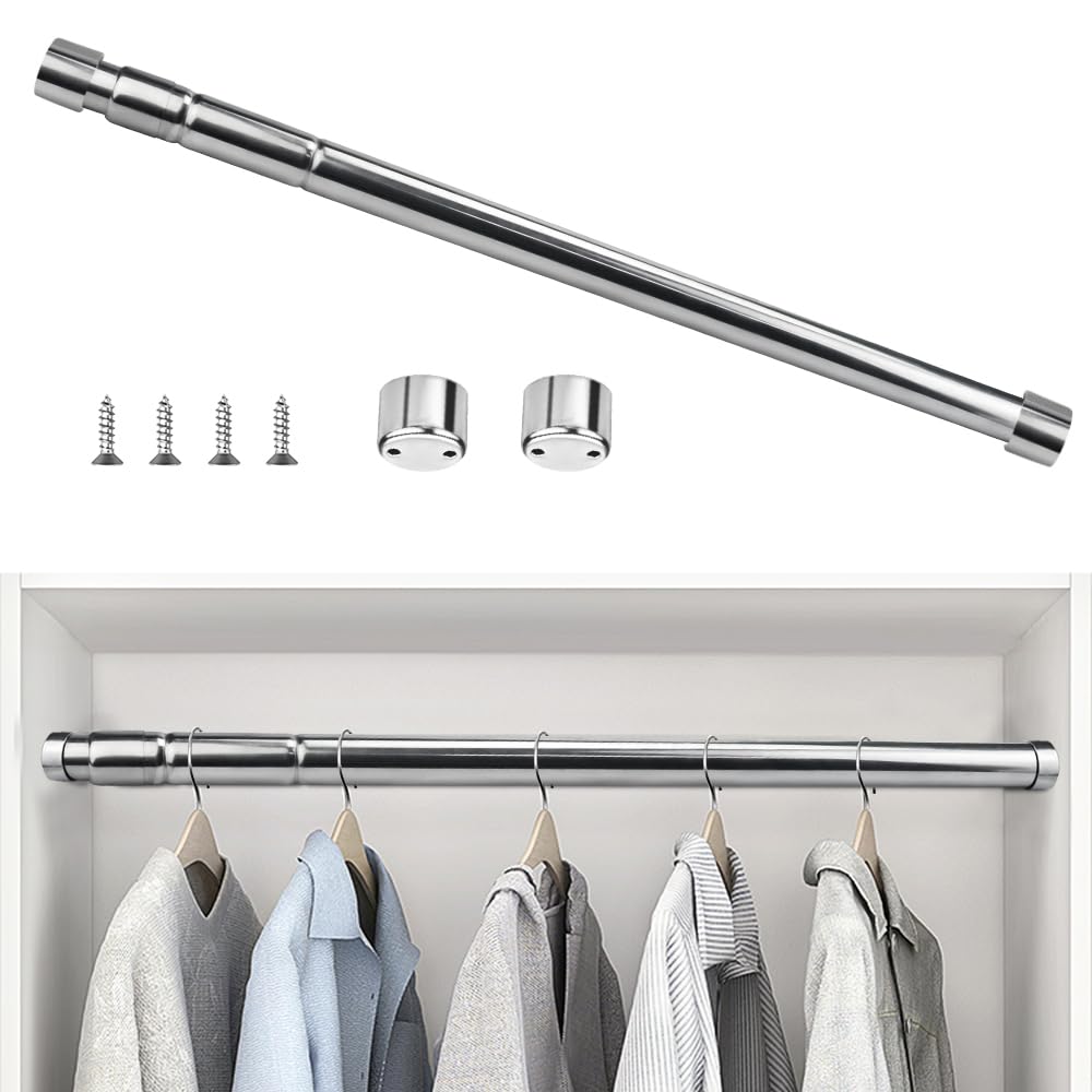 25mm Extendable Wardrobe Rod Stainless Steel Wardrobe Rail Tube Clothes Hanging Pole Heavy Duty Round Extensible Closet Bar with End Sockets for Wardrobe Cabinet Cupboard (58cm to 100cm)