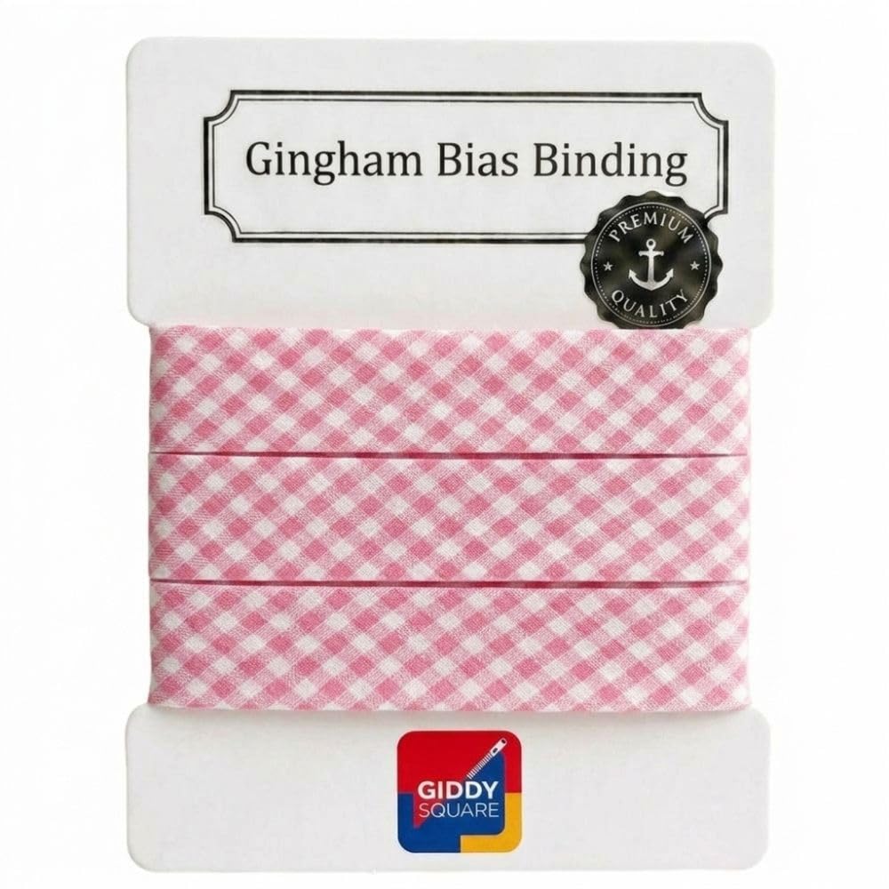 Premium Yarn Dyed Polycotton Gingham Bias Binding Tape 20mm Pink Large Gingham 5m - Strong Smooth Hardwearing Woven Check Trim for Quiting & Garment Edging- Machine Washable - Giddy Square