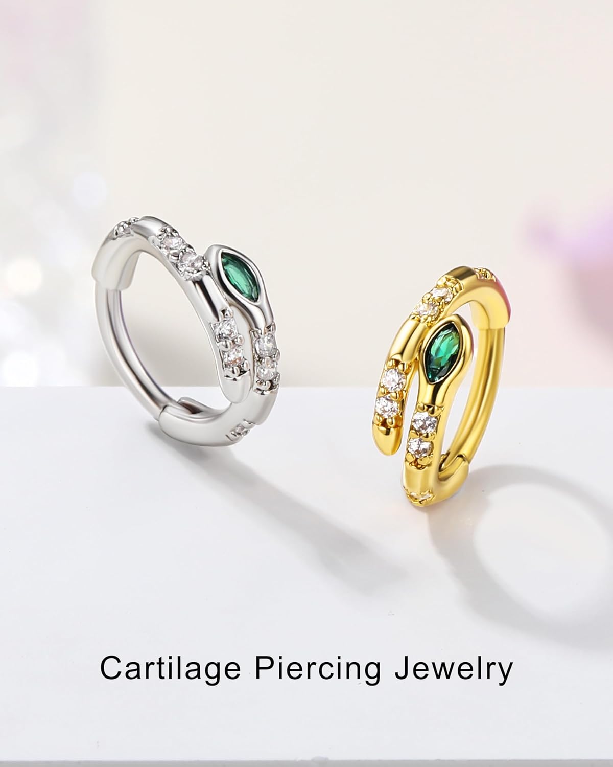 Jewseen 16G Snake Helix Hoop Earring 316L Surgical Steel Conch Helix Piercing Jewelry 8MM Conch Hoop Gold Rook Earring Emarald Green Daith Piercing Jewelry for Women - Image 6